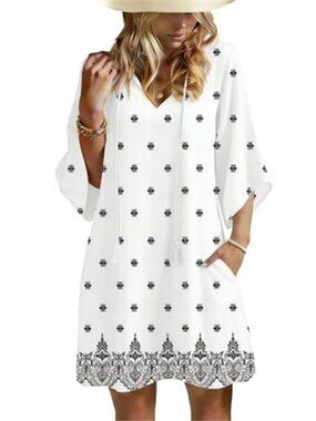 Women’s Black White Boho Beach Dress Tassel Tie V-Neck Cover Up with Pockets